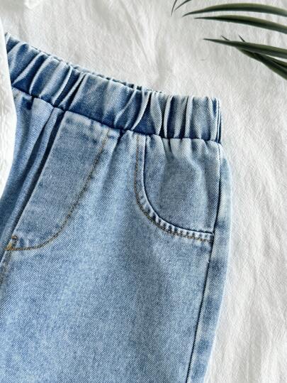 SHEIN Vintaside Kids طقم ملابس علوية بأكمام قصيرة بياقة صغيرة وبنطال جينز مغسول عتيق مناسب للاستخدام اليومي، رحلات العائلة والتخييم والتسوق
