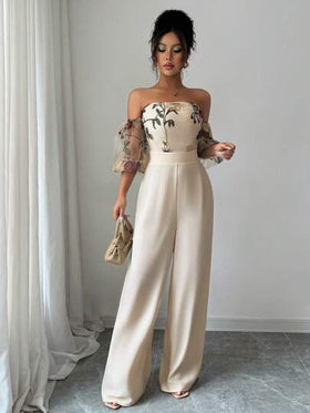 Rafferiza بدلة إمرأة أنيقة وأنيقة بأكتاف مكشوفة، مطرزة على شبكة