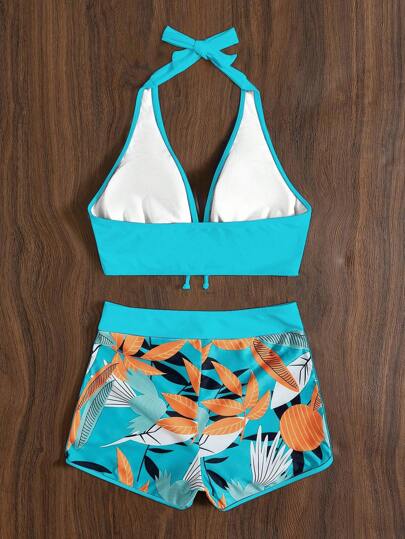 Swim Lushoire مجموعة بيكيني نسائية حريري مكونة من قطعتين بطبعات نباتية استوائية للشاطئ الصيفي، رباط متقاطع على العنق، طبعات عشوائية