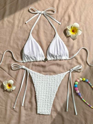 Swim Mod مجموعة بيكيني لبسة شاطئ صيفية للنساء مكونة من 2 قطعة ذات نسيج مخملي أبيض من ملابس علوية مثلث وسراويل منخفضة الخصر