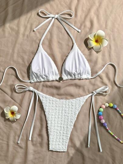Swim Mod مجموعة بيكيني لبسة شاطئ صيفية للنساء مكونة من 2 قطعة ذات نسيج مخملي أبيض من ملابس علوية مثلث وسراويل منخفضة الخصر
