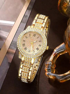 مجموعة ساعة ذهبية اللون من سبيكة الألومنيوم مرصعة بالراين ستون وسوار السلسلة ، هدية عصرية لحفلة عيد الميلاد، ساعة لليد