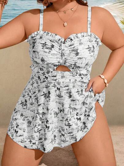 Swim Lushoire حللي نسائي بحجم كبير إصدارتان مجموعة بدلة سباحة طقم فساتين بنقشة الزهور المتدلية مع فتحات شفافة، تنحيف وكاجوال للعطل واللبس اليومي