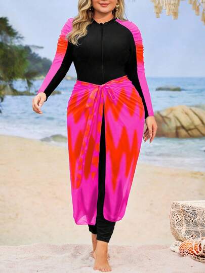 Swim Shayni بدلة سباحة حجم كبير للنساء من قطعتين، تانكيني ذو طبعة زهور بالتدرج اللوني، تصميم مخصر، أكمام طويلة مموجة، سحاب أمامي ، فستان ماكسي شبكي، فستان سباحة للعطلات الشاطئية