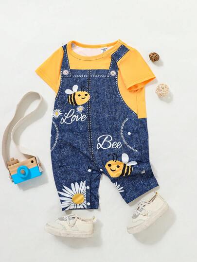 SHEIN Playful Pals رومبير قصير الأكمام للأطفال الرضع الصبيان مطبوع عليه نحلة تأثير جينز صيفي عملي