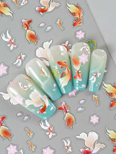 Beautizon Nailartlab قطعة واحدة ملصق زخرفة أظافر منقوش ثلاثي الأبعاد 5D هولوجرافي - بشكل سمكة ذهبية ونموذج ورقة اللوتس, ملصق أظافر فني DIY بطراز Y2K, ديكور أظافر للبنات