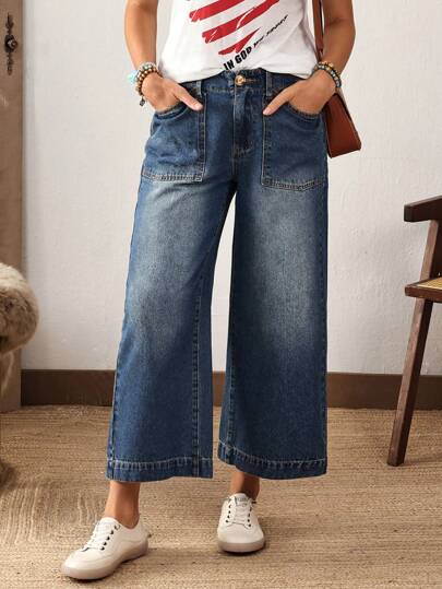 EMERY ROSE بناطيل جينز نسائية فضفاضة بتصميم جيوب وساق واسعة، قصيرة ومتعددة الاستخدامات، كاجوال