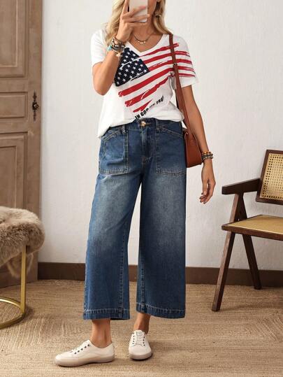EMERY ROSE بناطيل جينز نسائية فضفاضة بتصميم جيوب وساق واسعة، قصيرة ومتعددة الاستخدامات، كاجوال
