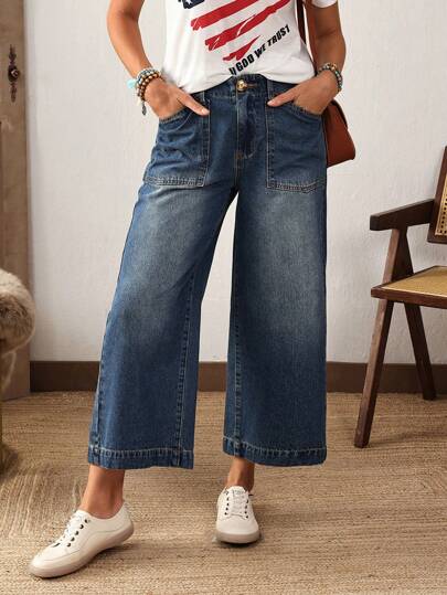 EMERY ROSE بناطيل جينز نسائية فضفاضة بتصميم جيوب وساق واسعة، قصيرة ومتعددة الاستخدامات، كاجوال