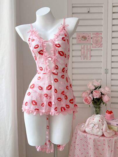 PetitDoll فستان نوم بتفاصيل ساتان للنساء (بريء + رومانسي + فستان + سروال قصير + لاسلكي)