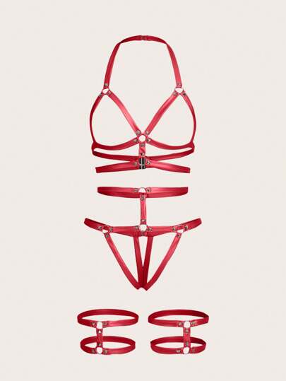 SpicyHot 4 قطعة/طقم مجموعة حمالة نسائية بتصميم مفرغ لاسلكي وجذاب بتجميع