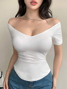 DAZY ملابس علوية نسائي بياقة على شكل حرف V وأكتاف مكشوفة ، بتصميم ضيق وأكمام قصيرة ، لون أحادي ، ملابس عودة إلى المدرسة للنساء ، ملابس نسائية خريفية ، ملابس علوية بأكمام طويلة