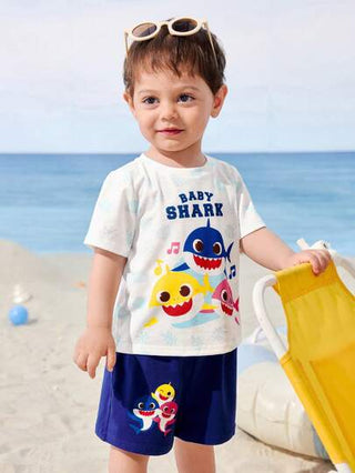 BABY SHARK X طقم تيشرت بأكمام قصيرة وشورت - قطعتان مع طباعة كرتونية لعائلة القرش، لأطفال الصيف