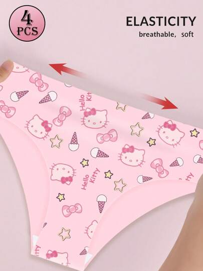 Sanrio 4 قطع من ملابس داخلية نسائية محبوك أبيض بطبعات هالو كيتي ذات خصر منخفض