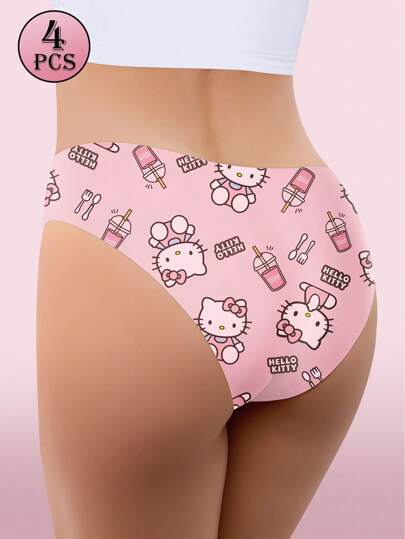 Sanrio 4 قطع من ملابس داخلية نسائية محبوك أبيض بطبعات هالو كيتي ذات خصر منخفض