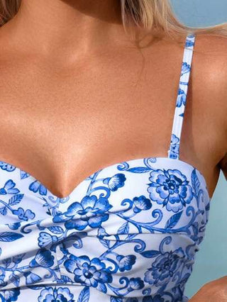 طقم تانكيني حريمي Swim Lushoire النساء الجديد الأزرق والأبيض الخزف الزهري طباعة لون عشوائي الدعامات الصلبة بيكيني ملابس علوية ، ملابس للشاطئ والإجازات