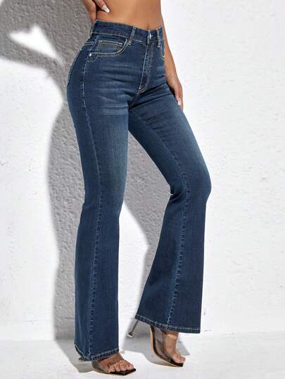 SHEIN PETITE سراويل جينز الفتيات بتصميم ضيق مع جيوب ومقطع واسع جانبي
