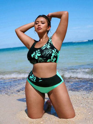 Swim Lushoire مجموعة من قطعتين للمرأة البدينة: توب بحزام واسع متعدد الألوان وسراويل متعددة الألوان ذات خصر عالي، مثالية للشاطئ والعطلات الصيفية