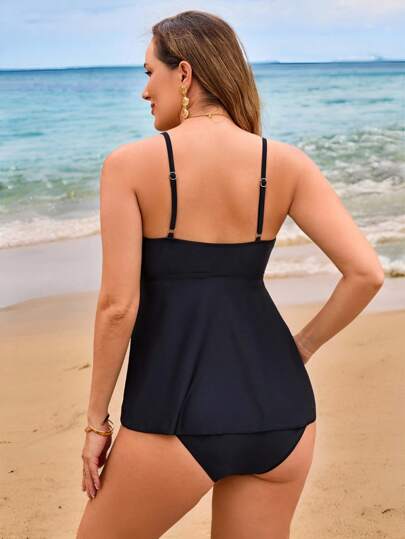 طقم تانكيني حريمي Swim Lushoire مجموعة بيكيني (2 قطعة) ذو رقبة V مع تصميم تشقيب الدانتيل وخصر عالي وقاعدة معلقة، ملابس سباحة