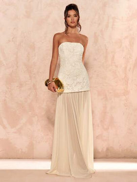 SHEIN BAE فستان نسائي ماكسي أنيق بألوان الخوخ الربيعية/الصيفية، بدون أكمام وحزام، بألواح شبكية من الدانتيل الثقيل الرقيق، فستان صيفي