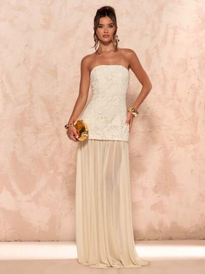 SHEIN BAE فستان نسائي ماكسي أنيق بألوان الخوخ الربيعية/الصيفية، بدون أكمام وحزام، بألواح شبكية من الدانتيل الثقيل الرقيق، فستان صيفي