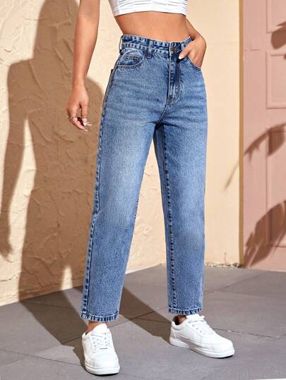 SHEIN Tall سراويل جينز نسائية بجيوب واسعة ونصف مستقيمة ، متعددة الاستخدامات والكاجوال