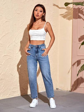 SHEIN Tall سراويل جينز نسائية بجيوب واسعة ونصف مستقيمة ، متعددة الاستخدامات والكاجوال