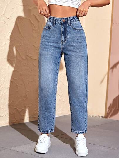 SHEIN Tall سراويل جينز نسائية بجيوب واسعة ونصف مستقيمة ، متعددة الاستخدامات والكاجوال