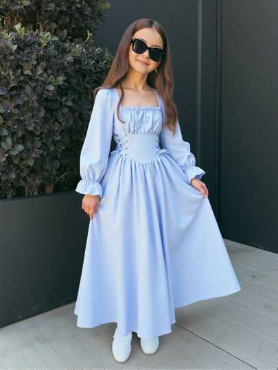Firerie Kids Firerie Kids فستان طويل الأكمام بحزام خصر أنيق بطول الركبة لفتيات المراهقات