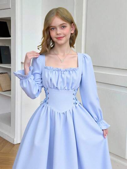 Firerie Kids Firerie Kids فستان طويل الأكمام بحزام خصر أنيق بطول الركبة لفتيات المراهقات