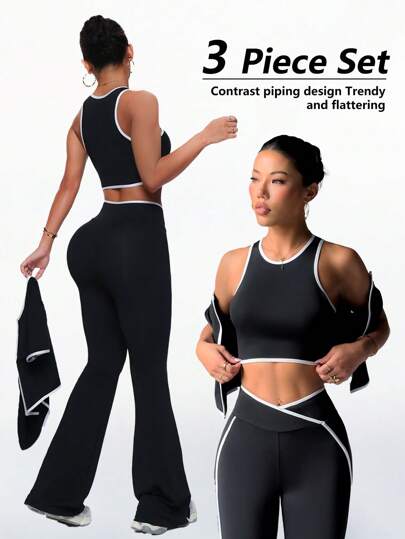SHEIN Sport Studio طقم بدلة رياضية بلباس علوي بدون أكمام وبنطال مع تريم متباين