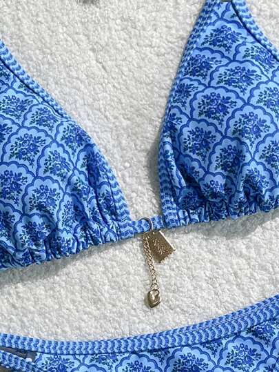 Swim Mod مجموعة بكيني 2 قطعة عشوائية الطباعة الزهرية لسيدات وأشرطة السباغيتي مربوطة الجانب، مناسبة للشاطئ والعطلات الصيفية