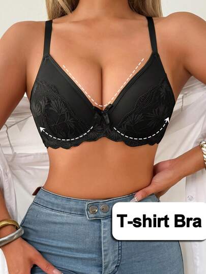 SHEIN ملابس داخلية أنيقة وجريئة، سلس بجودة عالية مع تطريز زهري شفاف وعقدة زخرفية، حمالة صدر رافعة بحشو مخفض للحجم