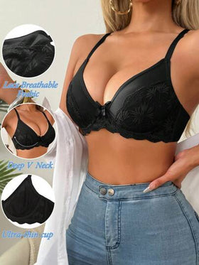 SHEIN ملابس داخلية أنيقة وجريئة، سلس بجودة عالية مع تطريز زهري شفاف وعقدة زخرفية، حمالة صدر رافعة بحشو مخفض للحجم