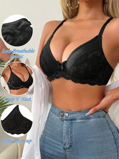 SHEIN ملابس داخلية أنيقة وجريئة، سلس بجودة عالية مع تطريز زهري شفاف وعقدة زخرفية، حمالة صدر رافعة بحشو مخفض للحجم