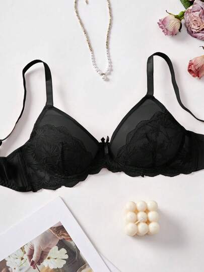 SHEIN ملابس داخلية أنيقة وجريئة، سلس بجودة عالية مع تطريز زهري شفاف وعقدة زخرفية، حمالة صدر رافعة بحشو مخفض للحجم