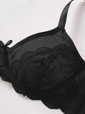 SHEIN ملابس داخلية أنيقة وجريئة، سلس بجودة عالية مع تطريز زهري شفاف وعقدة زخرفية، حمالة صدر رافعة بحشو مخفض للحجم