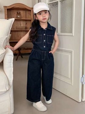 Dazy Kids طقم سترة بلا أكمام ذات لون داكن مغسول مع بنطلون جينز ذو ساق واسعة فضفاضة للفتيات الصغيرات