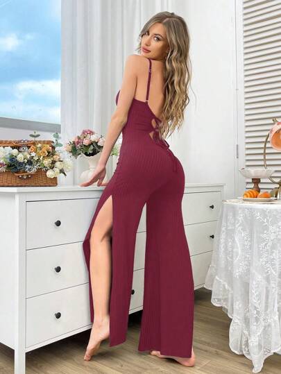 SHEIN جمبسوت النسائية المنزلية ذات الأربطة الحبكية