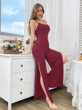 SHEIN جمبسوت النسائية المنزلية ذات الأربطة الحبكية
