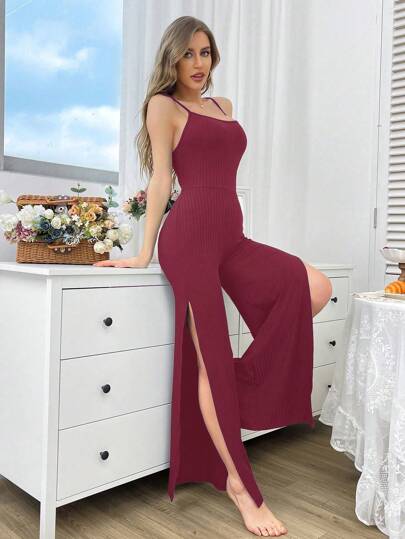 SHEIN جمبسوت النسائية المنزلية ذات الأربطة الحبكية