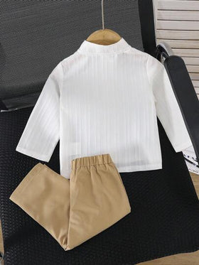 SHEIN Vintaside Kids مجموعة ملابس علوية اطفال ولادي بياقة قائمة وأكمام قصيرة مع أزرار و جيوب، وشورت خصر مطاطي، أسلوب كاجوال، رجعي،فضفاض ومريح للصيف، قطعتان