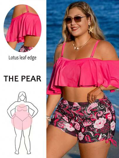 Swim Lushoire مجموعة بدلة سباحة 2 قطعة للمرأة بحجم كبير مع طبعات عشوائية لزهرة الكاجو والباييت، بتصميم متواضع مع كشاكش على الكتف ضفائر قابلة للتعديل وخصر عالٍ مع سحاب للتنفيس، بلوزة وسروال سباحة