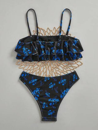 Swim Mod طقم بيكيني نسائي ذو أكمام منقوشة بالأزهار مع تريم منسدل للاستخدام في الشاطئ في الصيف