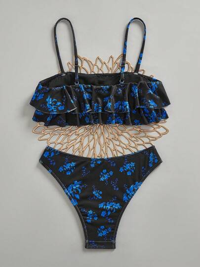 Swim Mod طقم بيكيني نسائي ذو أكمام منقوشة بالأزهار مع تريم منسدل للاستخدام في الشاطئ في الصيف
