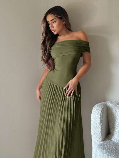 SHEIN ICON فستان عشية العودة قطعة واحدة بتصميم الكتف المكشوف، لون أحادي، مطوي، أنيق