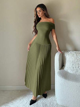SHEIN ICON فستان عشية العودة قطعة واحدة بتصميم الكتف المكشوف، لون أحادي، مطوي، أنيق