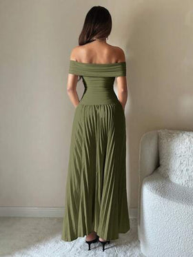 SHEIN ICON فستان عشية العودة قطعة واحدة بتصميم الكتف المكشوف، لون أحادي، مطوي، أنيق