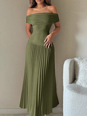 SHEIN ICON فستان عشية العودة قطعة واحدة بتصميم الكتف المكشوف، لون أحادي، مطوي، أنيق
