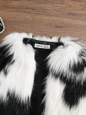 SHEIN معطف وبري متدرج ذو طباعة البقر ملون منفتح من الأمام قطعة واحدة ، سترة بدون أكمام للفتاة الصغيرة